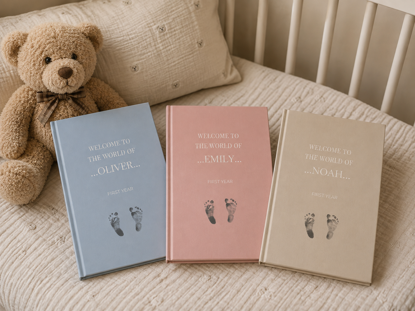 Three personalised hardcover baby memory books in blue, pink and beige
